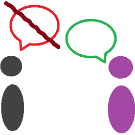 A gray abstract person on the left has a red speech bubble with a dark red line striking it out. On the right is a purple abstract person with a green speech bubble.